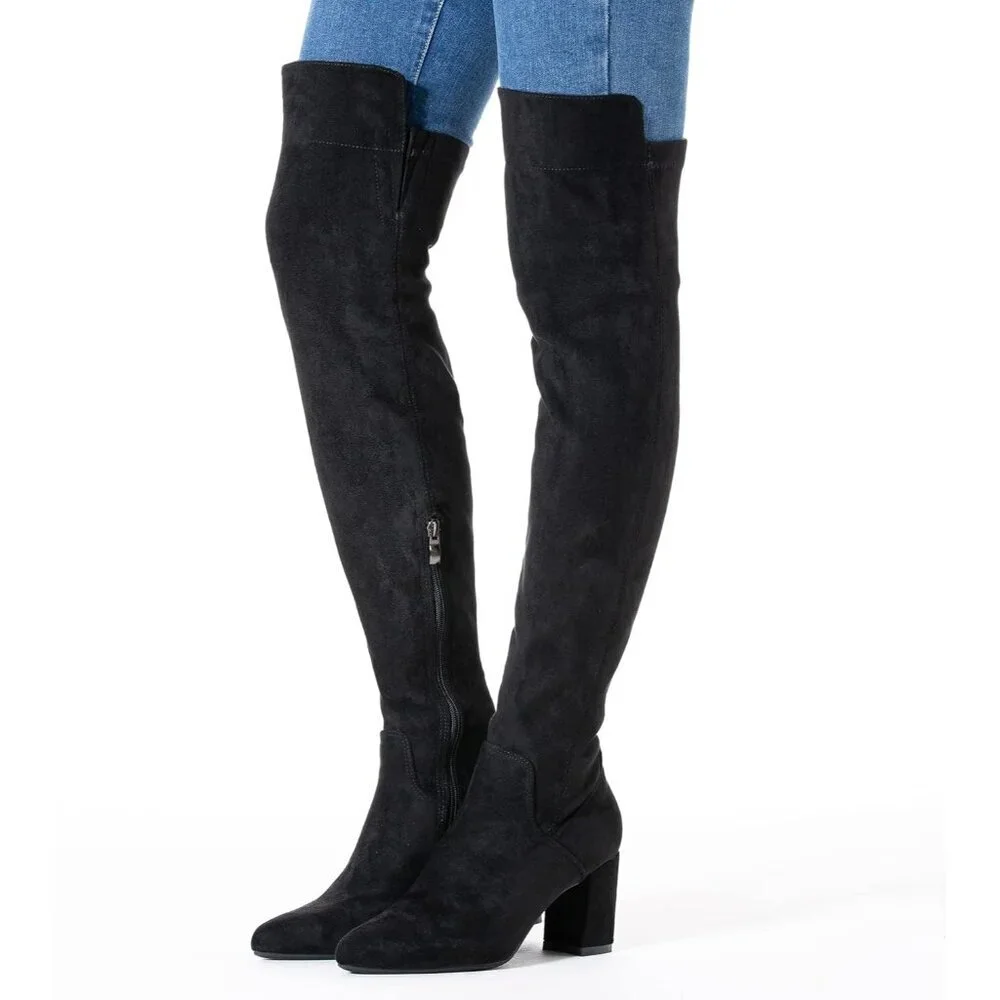 Women Black/3 Inch Heel Faux Suede Over The Knee Thigh High Low Block Heel Boot